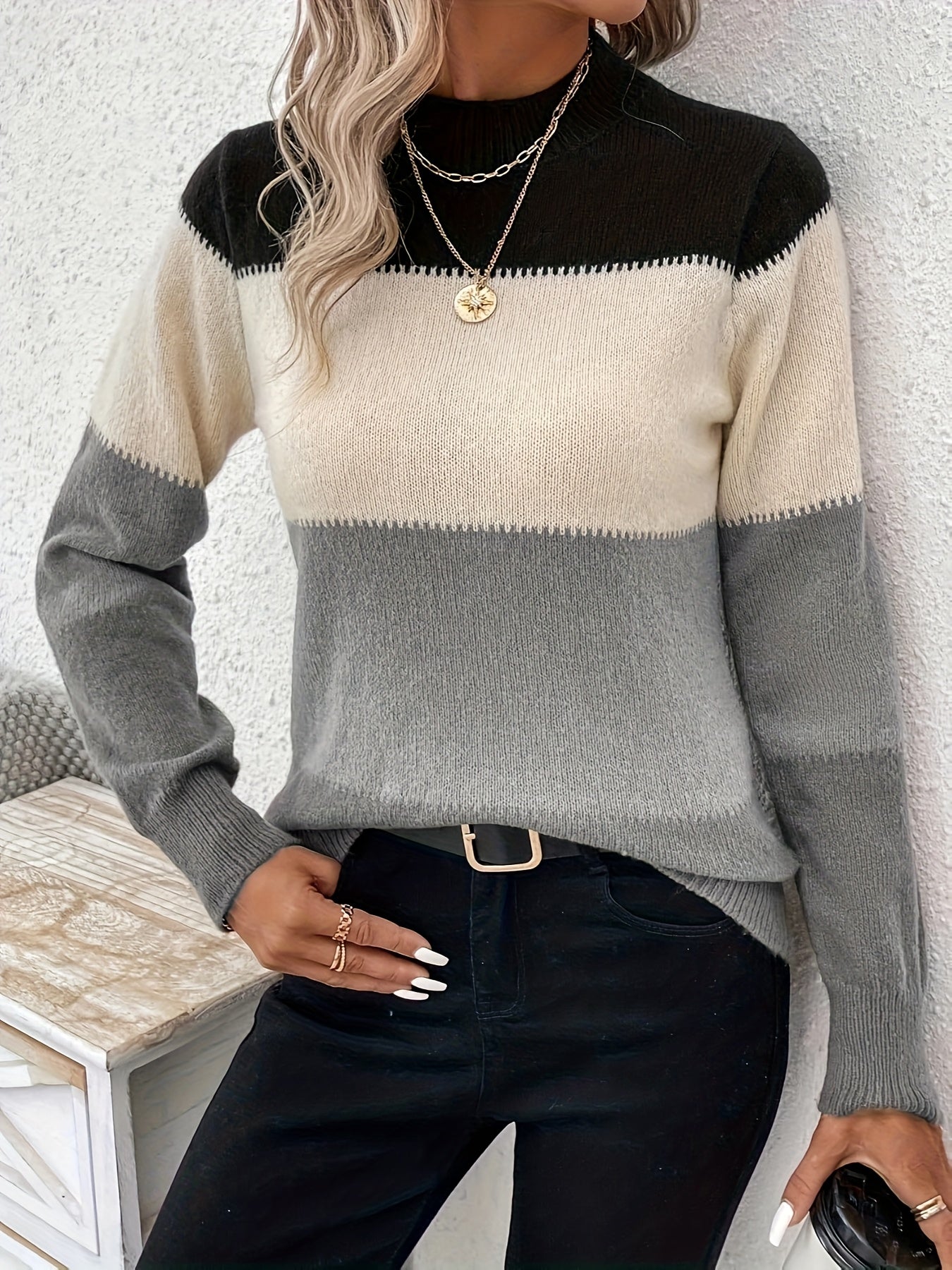 Women's Fall And Winter Color Blocking Round Neck Sweater Pullover Long-sleeved Sweater Casual Versatile Tops