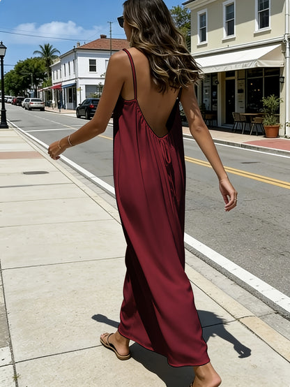 Women'S Solid Color Open Back Tie Loose Casual Maxi Slip Dress