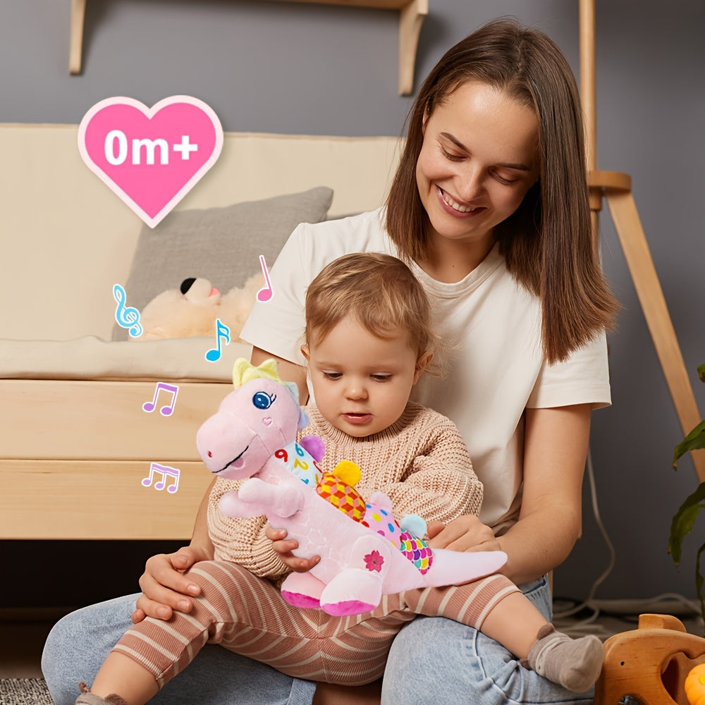 Baby Musical Plush Stuffed Pink Dinosaur Toy with Texture, Crinkle Sound Paper, Squeaky, Rattle, Time Toy for Babies 0-3-6-12+ Months, Great As Easter, Christmas, Halloween And Birthday Gift for Baby Boys And Girls.