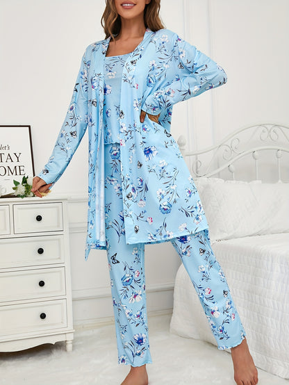 3pcs Floral And Butterfly Print Pajama Set - Long Sleeve Belted Robe & Cami Top & Pants Lounge For All Seasons