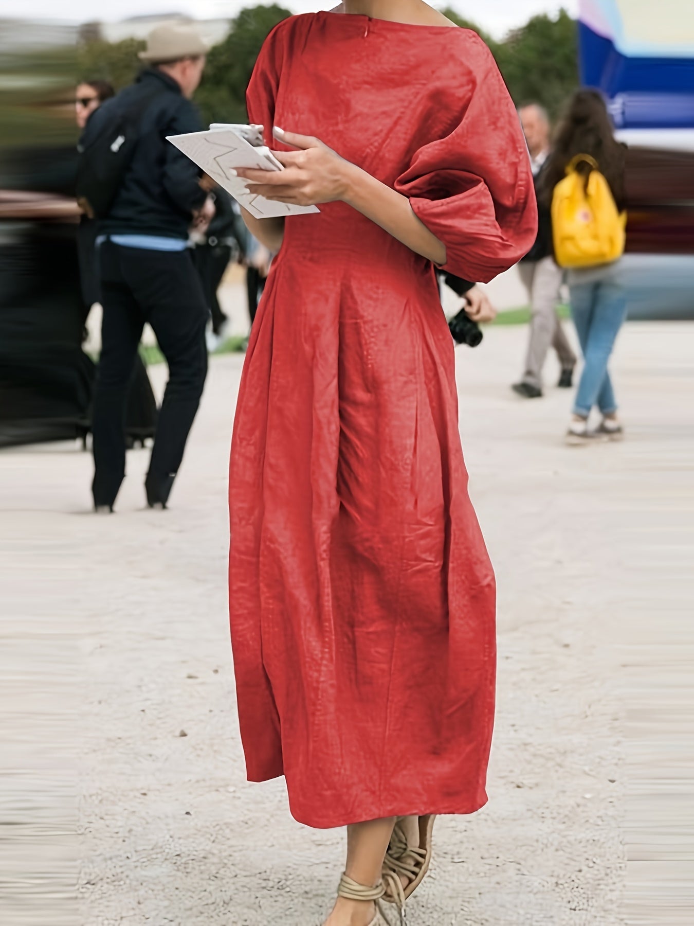 [Linen Puff Sleeve Dress] Summer Loose Linen Dress Solid Color Round Neck Puff Sleeves Casual Streetwear High Waist Midi Dresses