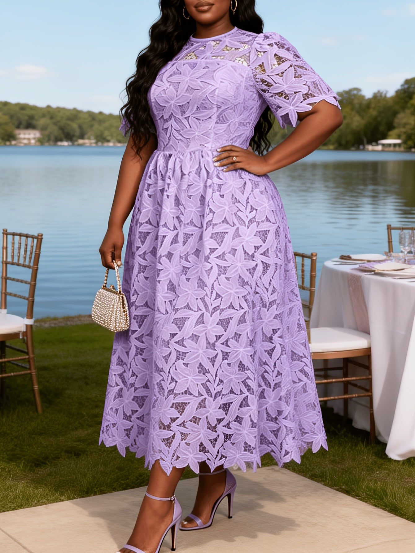 Plus Size - Plus Size - Plus Size Round Neck Lace Dress, Elegant Midi Length with Waist Definition, Formal Banquet And Evening Gown