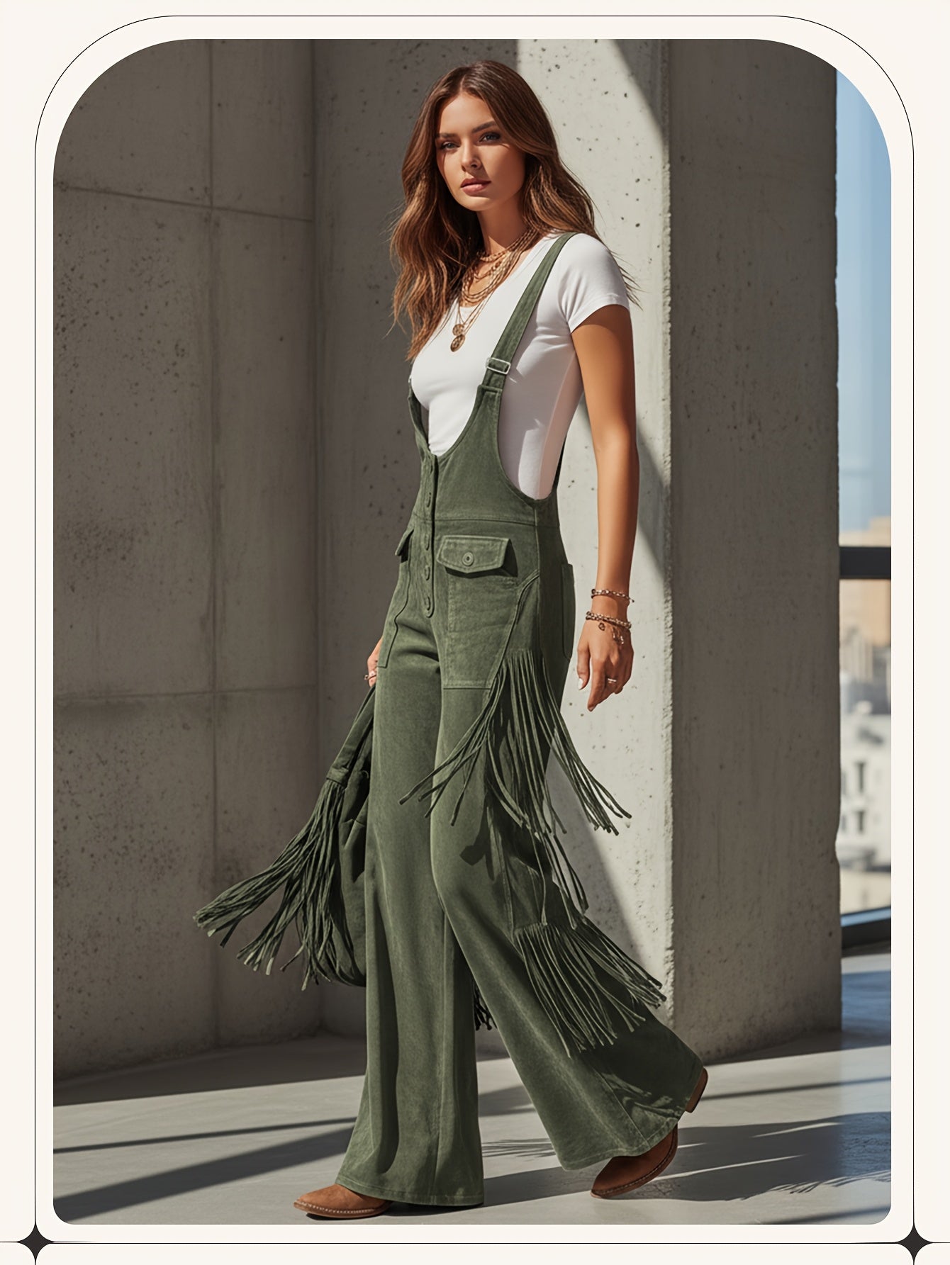 Vintage Fringe Detail Overalls, Loose Wide Leg Design, Fashion Youthful Casual Style, Daily Outing Travel Outfit, Versatile Multi-Occasion Wear