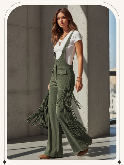 Vintage Fringe Detail Overalls, Loose Wide Leg Design, Fashion Youthful Casual Style, Daily Outing Travel Outfit, Versatile Multi-Occasion Wear