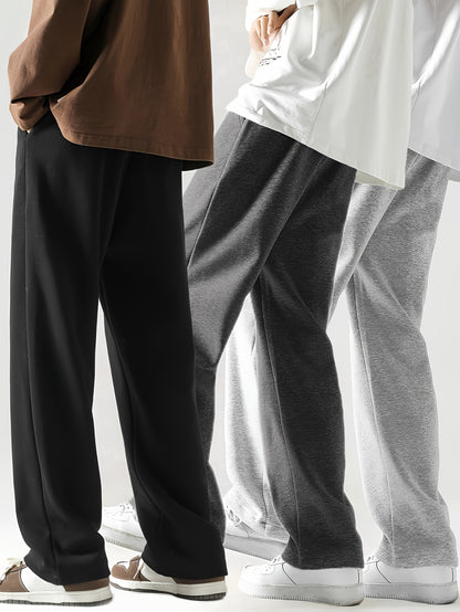 3pcs Summer Trendy All-match Long Pants [soft Knitted Joggers] Men's Soft Knitted Joggers - Loose Fit, Elastic Waist with Drawstring, Two Side Pockets - Machine Washable
