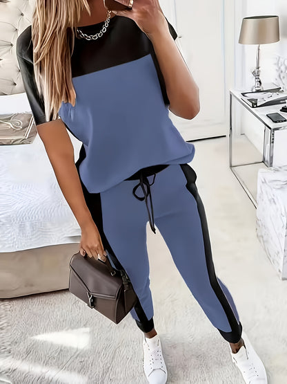 Stylish And Relaxed Color-Blocked Round-Neck Short-Sleeve T-Shirt Paired with Long Pants