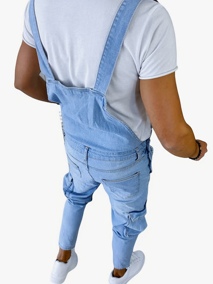 Men's Casual Denim Jumpsuit with Multiple Pockets - Light Blue, Stretchy, All-Season, Raw Wash, Skinny Fit, Perfect for Everyday Comfort, Everyday Comfort Clothing | Casual Jumpsuit | Stretchy Fabric, Denim Jumpsuit