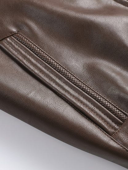 Men's Solid Color PU Faux-Leather Hooded Jackets, Trendy Thick Jacket for Spring Autumn