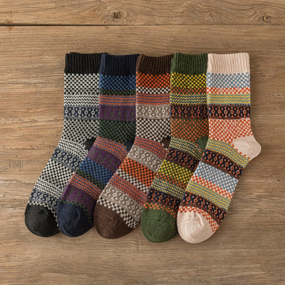 5Pairs Man Warm Socks Christmas Thick Mid Tube Socks Retro Nordic Style Women Couple Socks One Size US5-10 9004