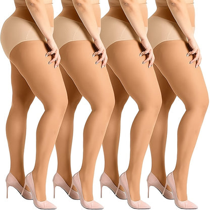 4 Pairs Plus Size High-Waisted Tights for Women, Polyamide Knit Fabric, Solid Color, Breathable & Stretchy, with Hand Washable, Tights Stockings