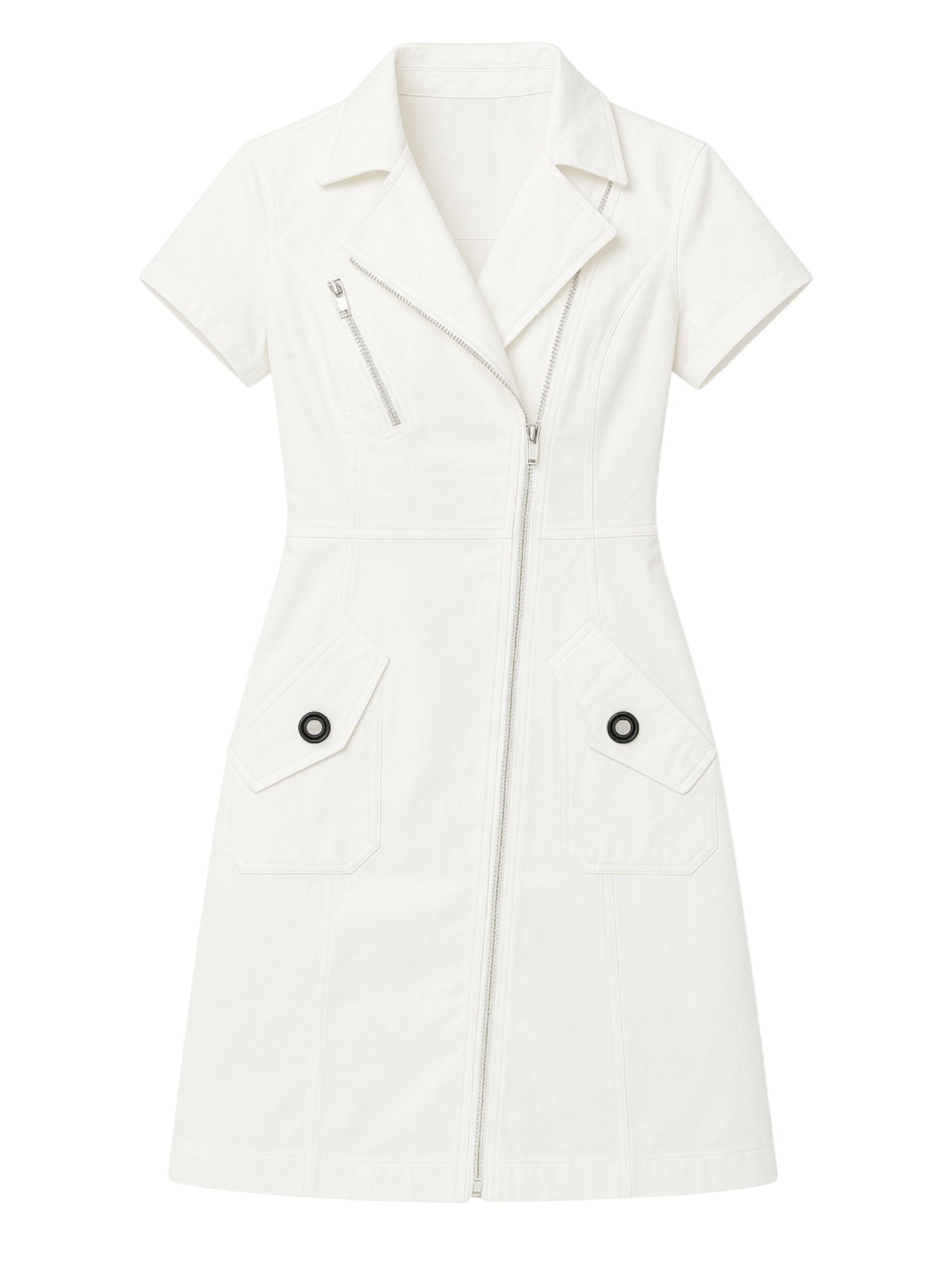 Women's Short Sleeve Zip-Up Utility Dress with Functional Front Pockets and Stylish Notched Collar – Lightweight and Breathable Fabric – Modern Tailored Fit for Casual, Work, or Weekend Wear – Versatile Shirt Dress Style with Full-Length Zipper and Define