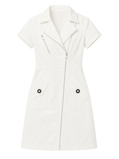 Women's Short Sleeve Zip-Up Utility Dress with Functional Front Pockets and Stylish Notched Collar – Lightweight and Breathable Fabric – Modern Tailored Fit for Casual, Work, or Weekend Wear – Versatile Shirt Dress Style with Full-Length Zipper and Define