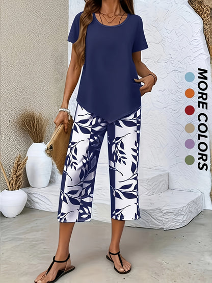 Spring and Summer Women's Casual 2pcs Set, Light Blue Short-sleeved Crew Neck Top, Blue and White Leaf Printing Seven-point Wide Legs, Loose and Comfortable, Daily Street Commuting Versatile Casual Suit, Casual Loungewear Suit