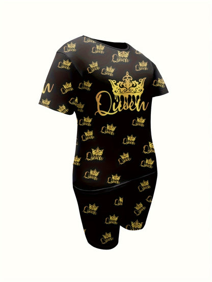 Plus Size Queen & Crown Print Biker Shorts Set, Short Sleeve Crew Neck T-shirt & Pocket Biker Shorts Outfits, Women's Plus Size Clothing