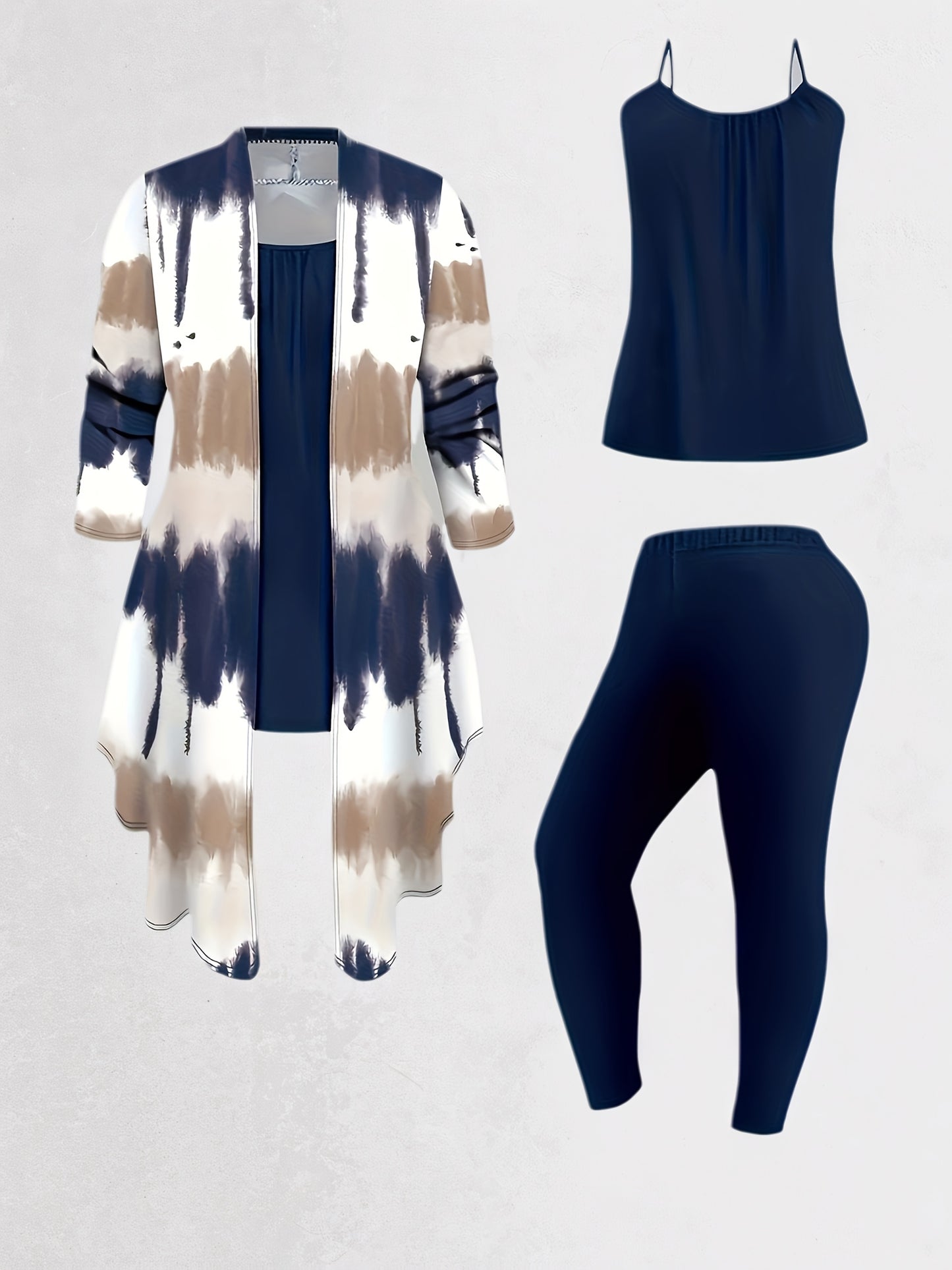 [Printed Cardigan Set] Women's 3pcs Set, Printed Cardigan Jacket Paired with Solid Color Casual Pants Vest Daily Set