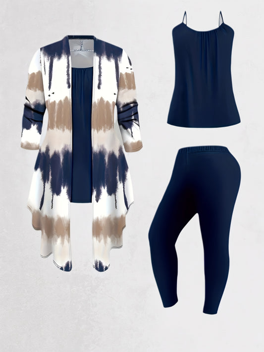 [Printed Cardigan Set] Women's 3pcs Set, Printed Cardigan Jacket Paired with Solid Color Casual Pants Vest Daily Set