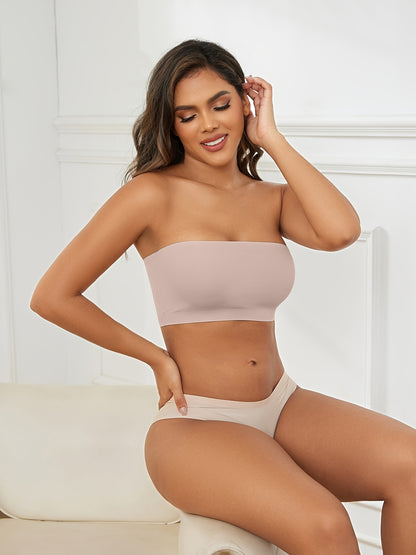 1pc ESSELEGANCE Seamless Wireless Bandeau Bra - Soft Nylon & Elastane Blend, No-Show Design, Beige/Nude, Comfortable Stretch Fit for Casual Attire