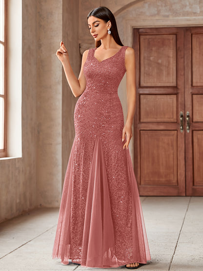 23218 Elegant Women's Sequin Lace Long Evening Bridesmaid Dress, Sweetheart Neckline Sleeveless Design with Slit Tulle Mermaid Hem, Perfect for Formal Wedding Party