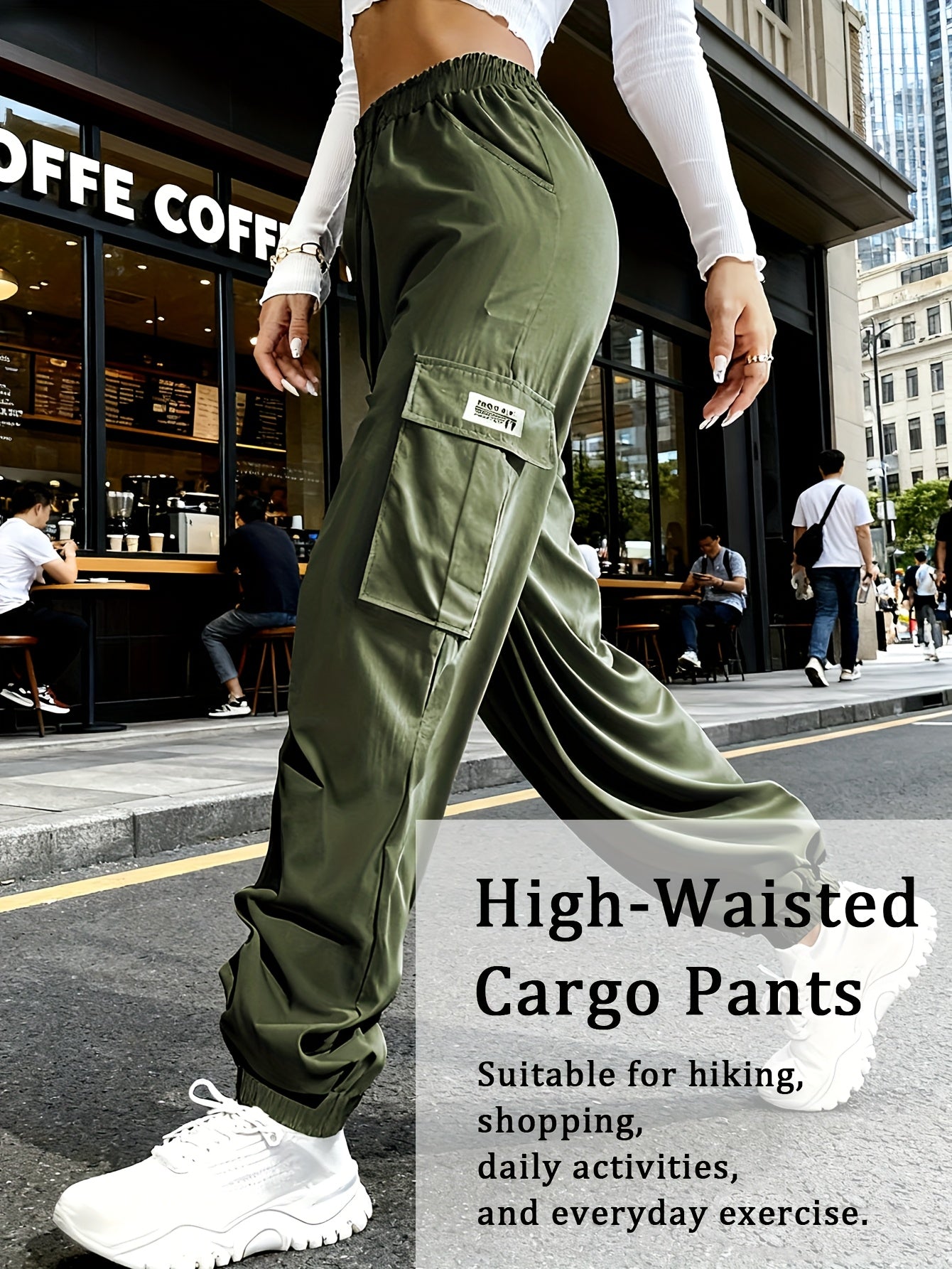 Women'S Zippered Pocket Cargo Pants, Stylish Large Pocket Design, Drawstring Elastic Waistband, Casual Outdoor/everyday Wear Trousers