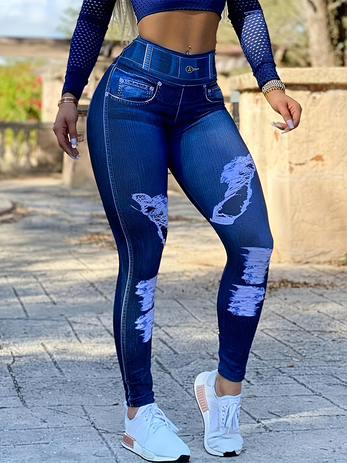 [Printed Pants - Not Denim Fabric] 3pcs Women's High Waist Skinny Faux Denim Leggings - Stretchy Faux Denim Pants, All-Season Comfort, Casual Everyday Faux Denim|Fashionable Faux Denim|Stretchy Fabric