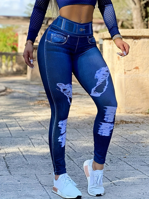 [Printed Pants - Not Denim Fabric] 3pcs Women's High Waist Skinny Faux Denim Leggings - Stretchy Faux Denim Pants, All-Season Comfort, Casual Everyday Faux Denim|Fashionable Faux Denim|Stretchy Fabric