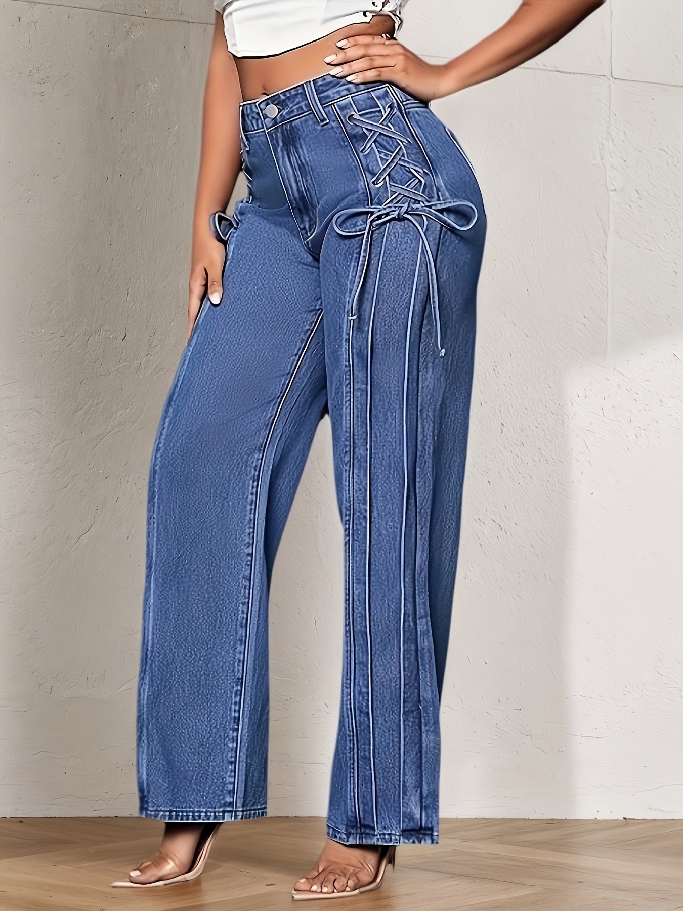 Wide-Leg Straight Jeans for Women Featuring a Side Tie-Up Bow Design, Mid-Rise Relaxed Fit, Ideal for Casual Streetwear, Vacations, Work, And Daily Use, with a Y2K Retro Vibe