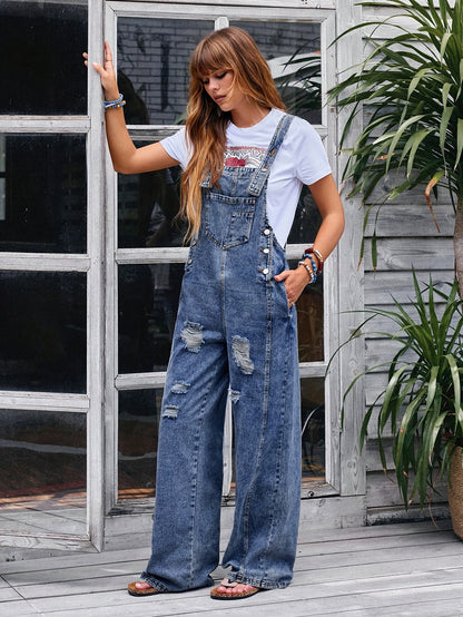 [Denim Overalls] Women's Denim Overalls with Adjustable Shoulder Straps - Relaxed Fit, Distressed Wide-Leg Trousers, Perfect for Spring, Summer, And Fall, Machine Washable with Decorative Pockets