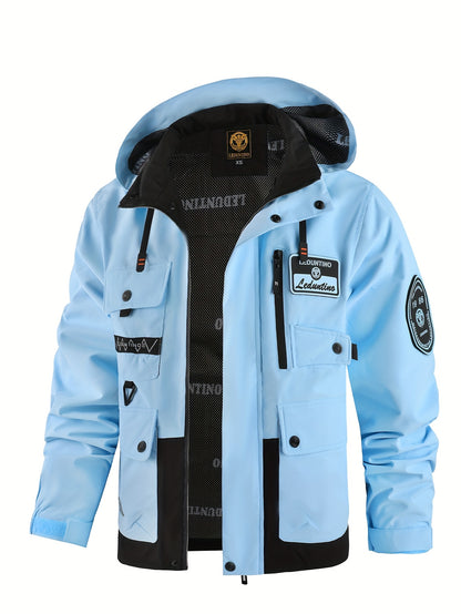 Men's Fashion New Jacket Men's Spring Autumn Thin Casual Multi-Pocket Outdoor Windbreaker Stitching Color Jacket Jacket Men's Removable Hat Windproof Outdoor Jacket Male