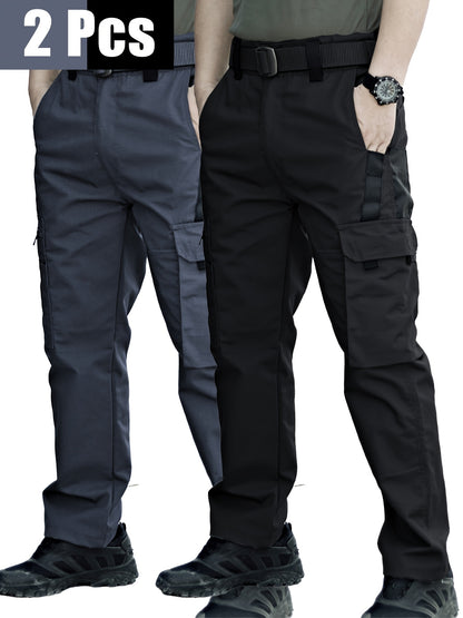 2 Pairs of Men's Tactical Cargo Pants, Outdoor Construction Hiking Multi-pocket Durable Casual Tactical Trousers | Adjustable Waistband | Hiking and Mountaineering Gear (waistband Not Included)