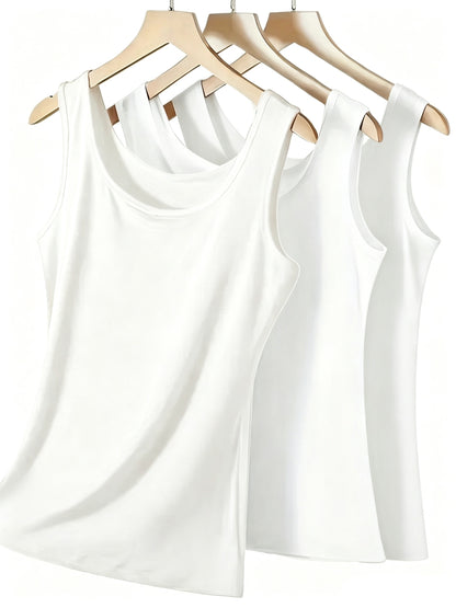 [Plus Size Tank Tops] 3pcs Women's Plus Size Solid Color Tank Tops - Breathable Stretch Fabric Base Layer Shirts, Opaque Non-Sheer Blouses Suitable for Casual, Home Wear & Layering, Year-Round Layering (Hand Washable, No Transparency)