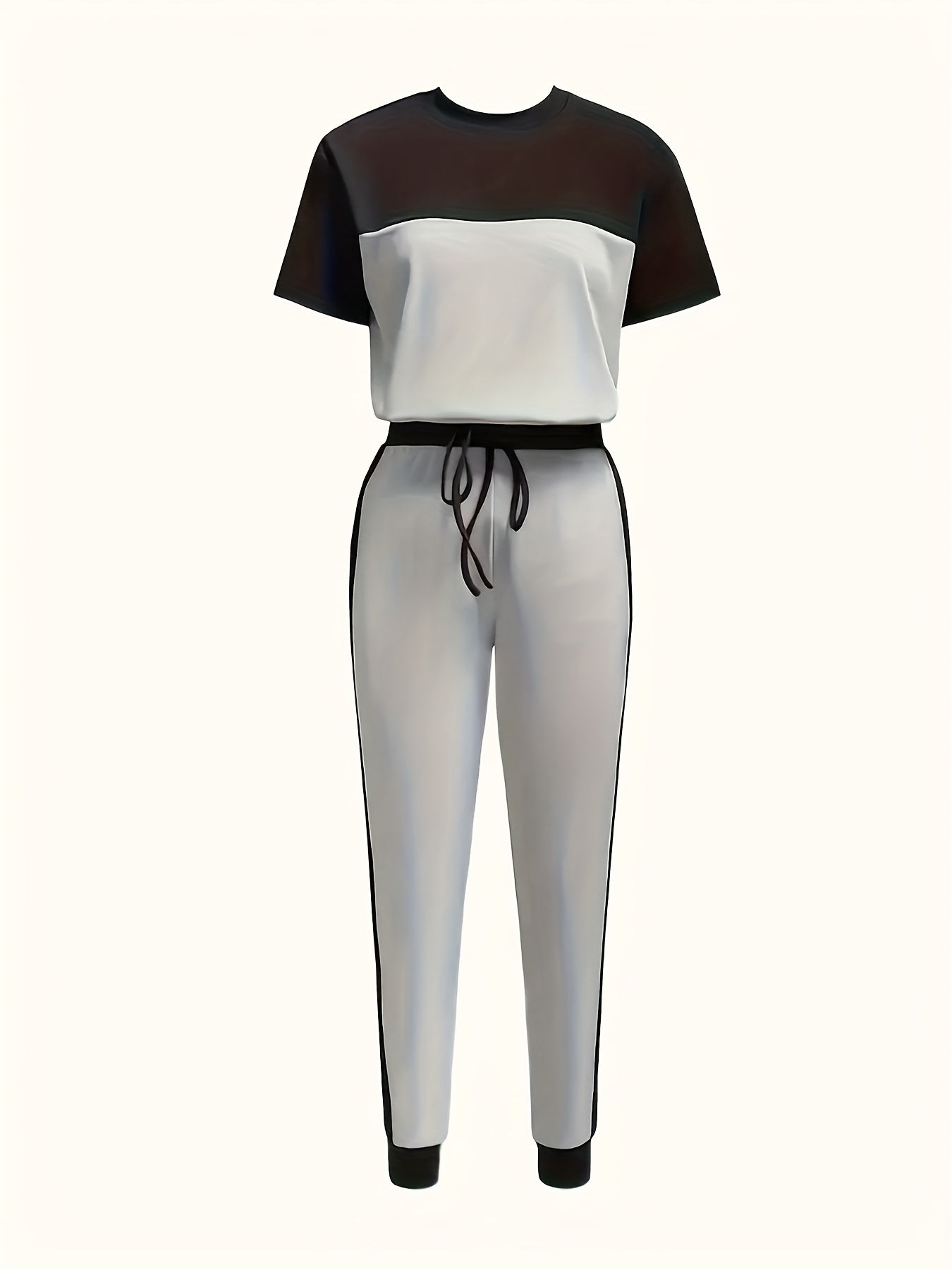 Stylish And Relaxed Color-Blocked Round-Neck Short-Sleeve T-Shirt Paired with Long Pants