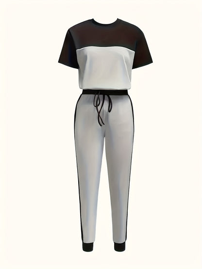 Stylish And Relaxed Color-Blocked Round-Neck Short-Sleeve T-Shirt Paired with Long Pants