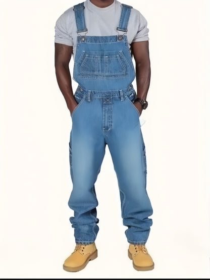 A Blue Men'S Jumpsuit, Casual Fashion Multi-Pocket, Loose Comfortable Solid Color Trend Jeans, Suitable for Spring And Autumn Season