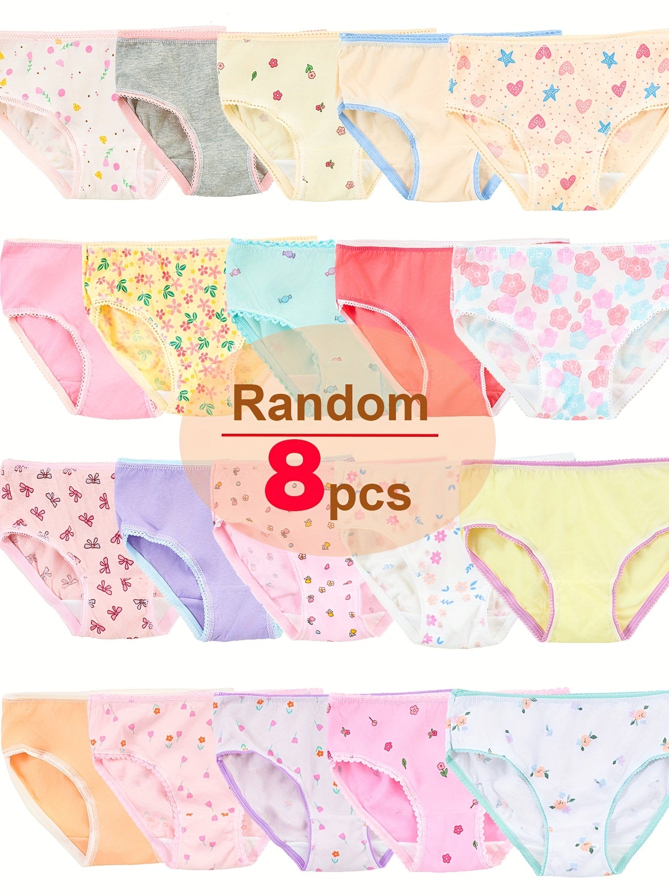 Random 8pcs: Cute Floral Printed Tri-Shorts for Little Girls - Soft, Stretchy, And Perfect for All Seasons