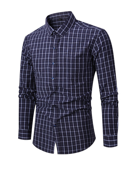 Men's Navy Blue & White Plaid Cotton Long-Sleeve Shirt - product view 7