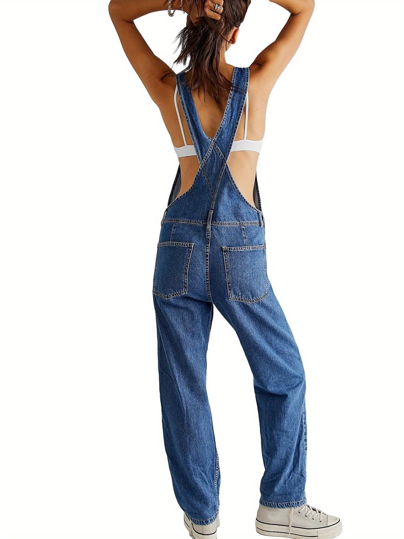 [Denim Bib Overalls] 1pc Women's Denim Bib Overalls Jumpsuit - Loose Fit, Straight Wide Leg Baggy Jean Style with Pockets, Machine Washable Casual Spring Summer Fall Outfit, Sizes S-XXL