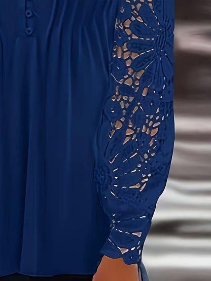 Casual Women'S Clothing in Larger Sizes, Featuring a Comfortable Blouse with Lace Hem Sleeves, a Pleated Design, And a Easy Button-Up T-Shirt Suitable for Home, Leisure, And Outdoor Activities