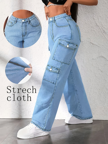 Color Denim Popular Trend Light Blue Plus Size Multi-pocket Cargo Jeans, 2026 New High-waisted Loose Baita Women'S Straight-leg Trousers