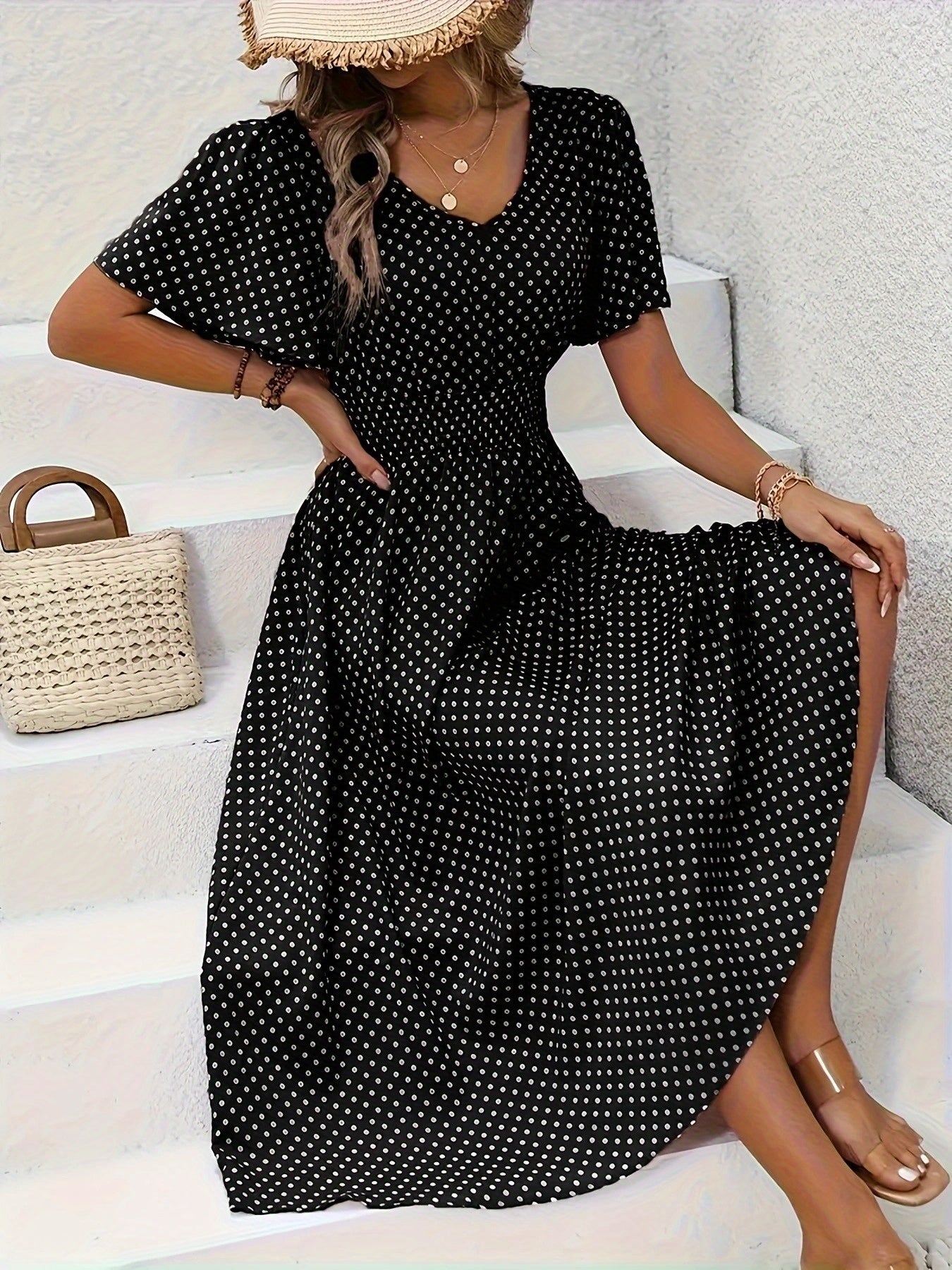 Stylish Pink Polka Dot Midi Dress for Ladies - Casual V-Neck, Ruffled Sleeves, Fitted Waist Design, Made from Lightweight, Ideal for Spring And Summer, Machine Washable