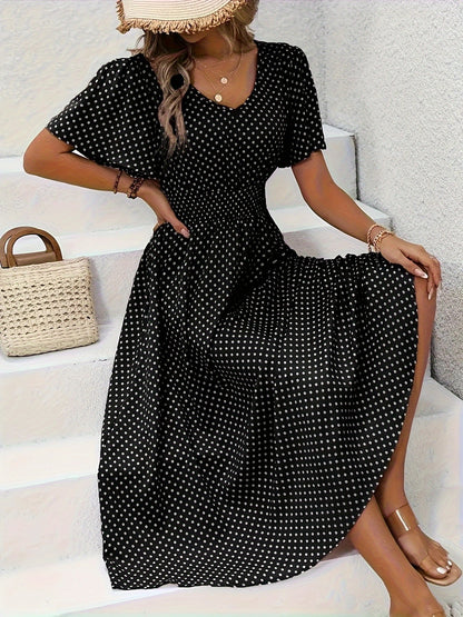 Stylish Pink Polka Dot Midi Dress for Ladies - Casual V-Neck, Ruffled Sleeves, Fitted Waist Design, Made from Lightweight, Ideal for Spring And Summer, Machine Washable