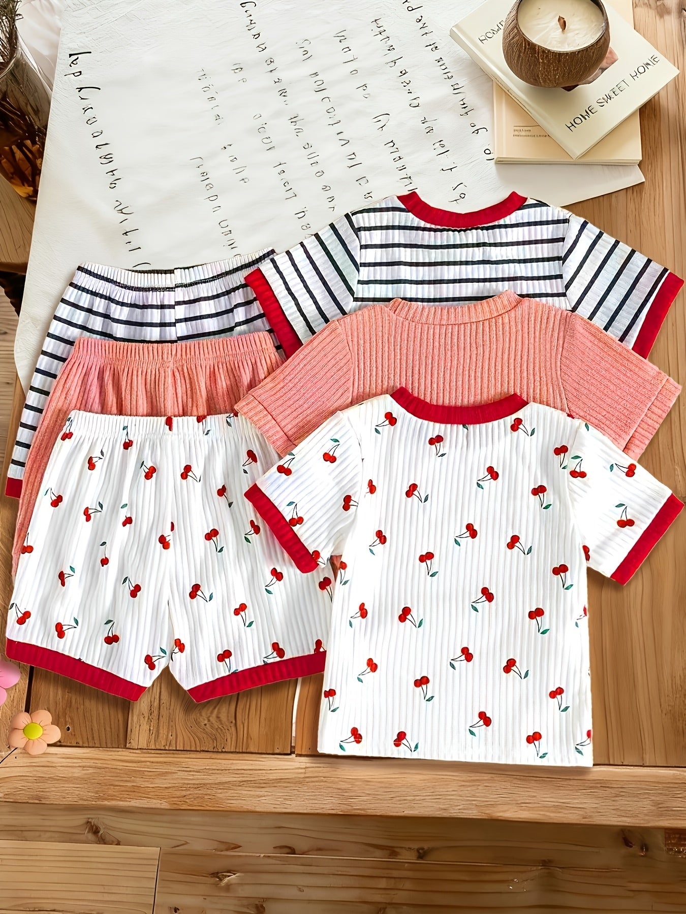 6pcs Set Of Girls' Summer New Cherry Fruit Pattern Short-sleeve And Shorts Comfortable Outfit, Perfect for Outdoor