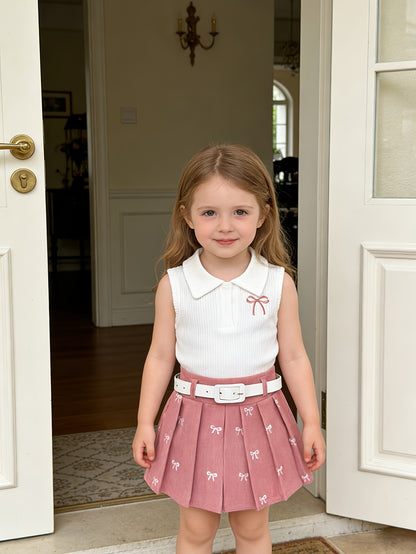 Girl's Collared Knit Tank Top + Bow Corduroy Skirt + Belt 3pcs Set - Sweet Preppy Style, Exquisite Bow Embroidery, Comfortable Corduroy Fabric, Elastic Waist, Perfect for Spring And Autumn, Great for Daily Streetwear And School Activities