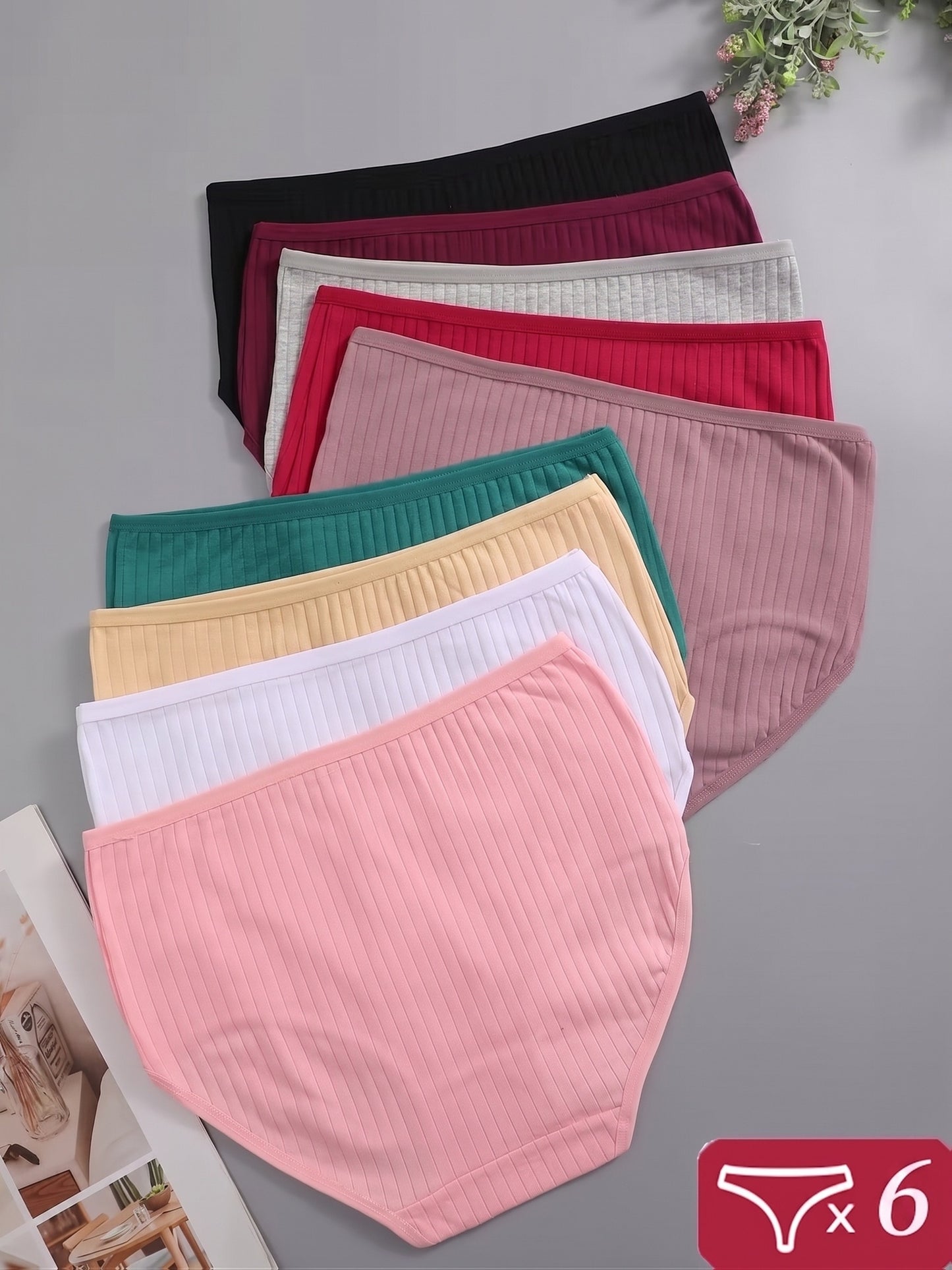 6pcs Ribbed Underwear for Women, Soft And Breathable High-waisted Triangle Pants, Random 6pcs In Multiple Colors