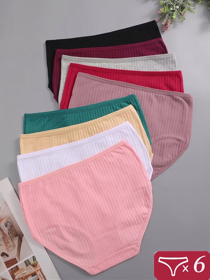 6pcs Ribbed Underwear for Women, Soft And Breathable High-waisted Triangle Pants, Random 6pcs In Multiple Colors