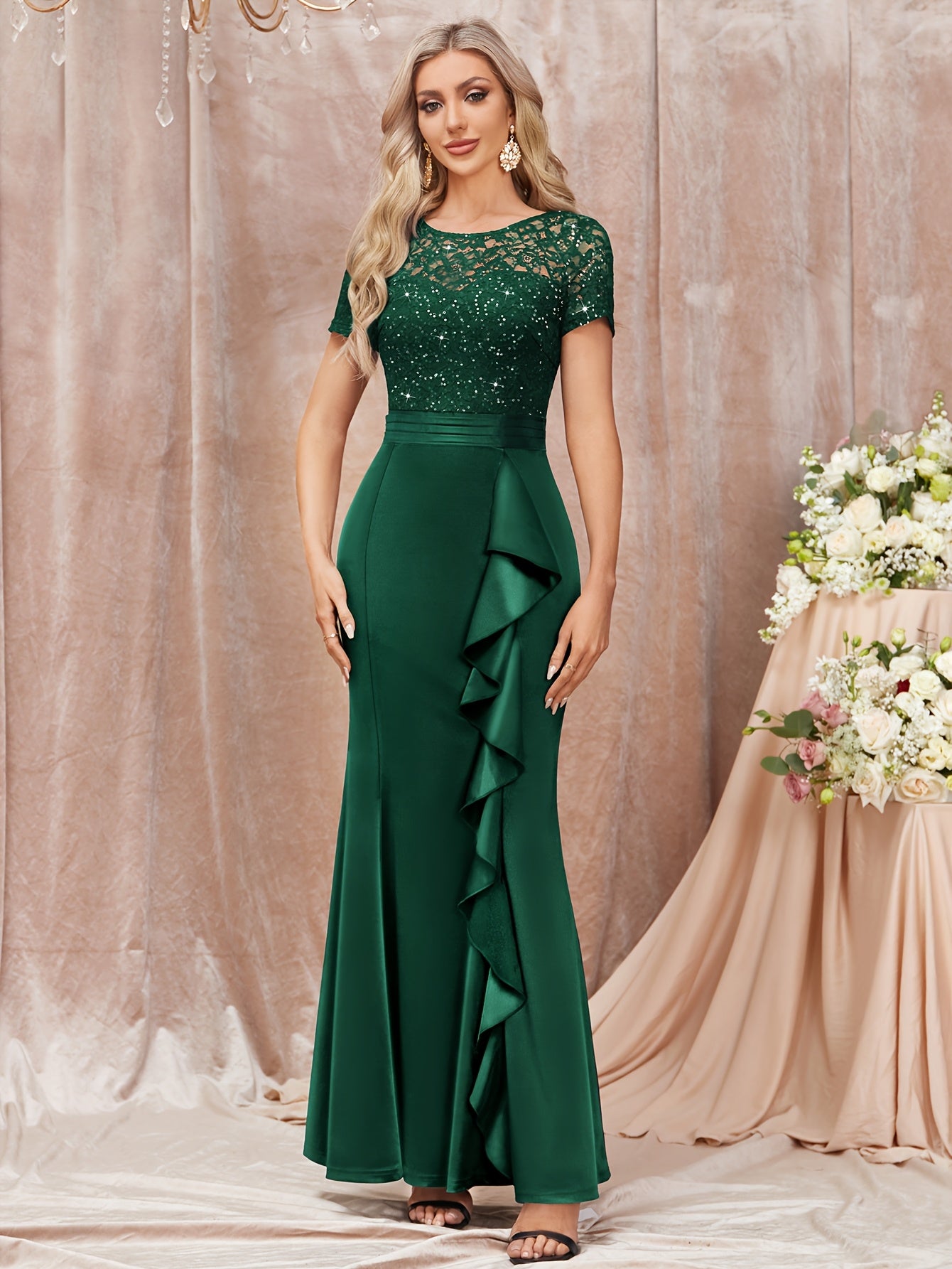 53272 Elegant Womens Sequin Lace Contrast Bridesmaid Maxi Dress, Scoop Neck Short Sleeves, Side Ruffle Detail, Satin Mermaid Hem, Perfect for Graduation Season, Wedding Season, Summer Wedding Guest, Evening Party, Summer Vacation Events And Formal