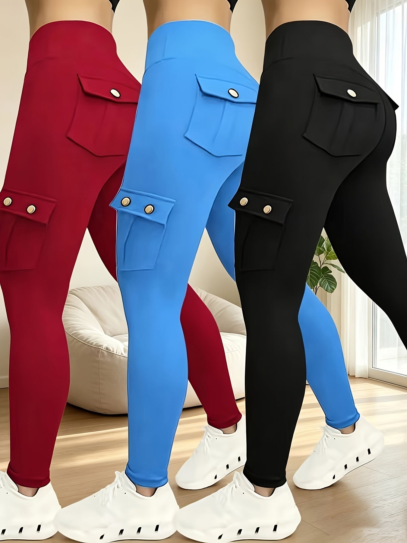 3-Pack High Waisted Cargo Yoga Pants With Slide Pockets - Tummy Control, 4 Pockets, Breathable 4-Way Stretch, Moisture Wicking, Perfect For Running, Gym & Yoga Lovers