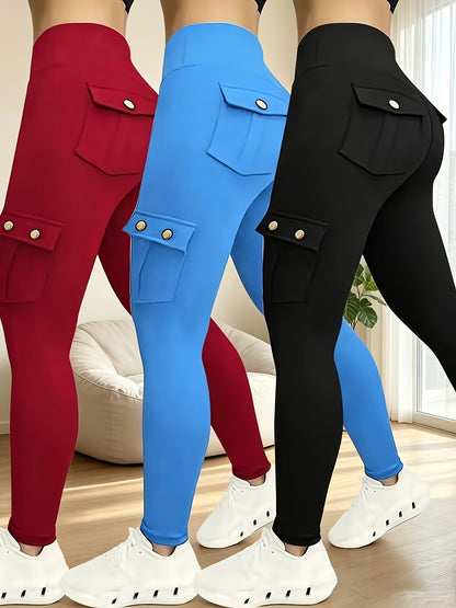 3-Pack High Waisted Cargo Yoga Pants With Slide Pockets - Tummy Control, 4 Pockets, Breathable 4-Way Stretch, Moisture Wicking, Perfect For Running, Gym & Yoga Lovers