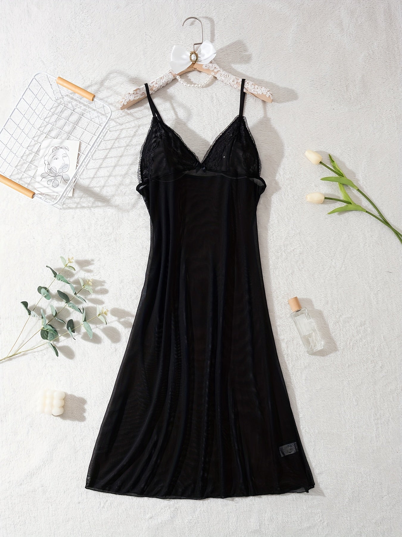 Women'S Sexy Black Spaghetti Suspender Dress - Semi-Sheer Mesh with Lace Trim & Bow Accents, Soft Stretchy Comfort Fit, Bohemian Evening Party Dress for Women, Semiformal Attire