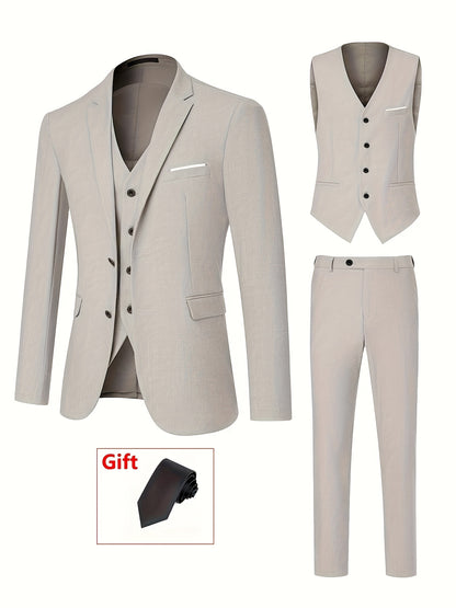 4pcs Luxury Classic Mens Solid Dress Suit Set - Lapel Jacket, Vest, And Trousers, Regular Fit, Long Sleeve, Conventional Contour, Perfect for Wedding Banquet, Business Meetings - High-Quality Fabric, Comfortable Wear, And Stylish Design