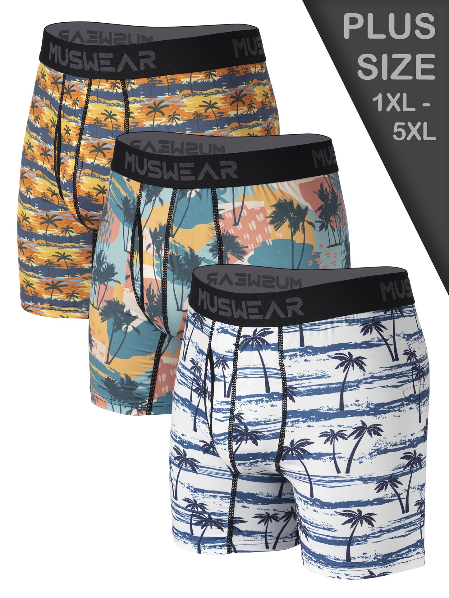 3pcs Men's Plus Size Boxer Briefs - Tropical Beach Swim Trunks with Coconut Tree & Sunset Print, Double-Sided Brushed Underwear for Extended Coverage, Elastic Waistband - Ideal for Vacation & Casual Attire (Machine Washable) - Ideal Gift for Him, Comforta
